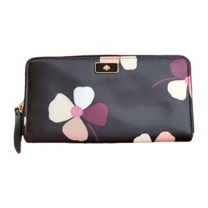 Kate Spade New York Dawn Dusk Black Floral Wallet GUC Zip Large